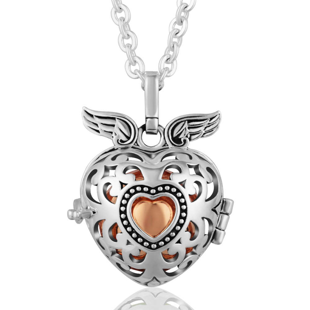 Oxidized Silver Angel Wings Heart Prayer Bell Cage Pendant