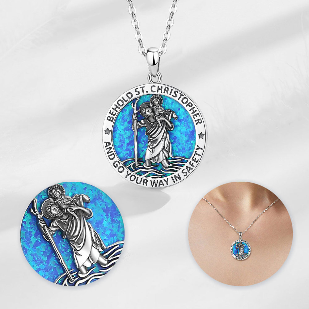 925 Sterling Silver Saint Christopher Opal Pendant Necklace