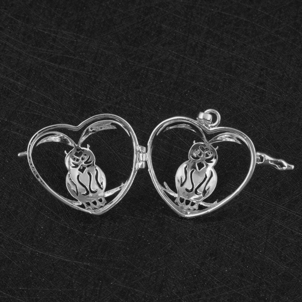 Heart Owl Silver-Plated Cage Necklace with Chime Ball