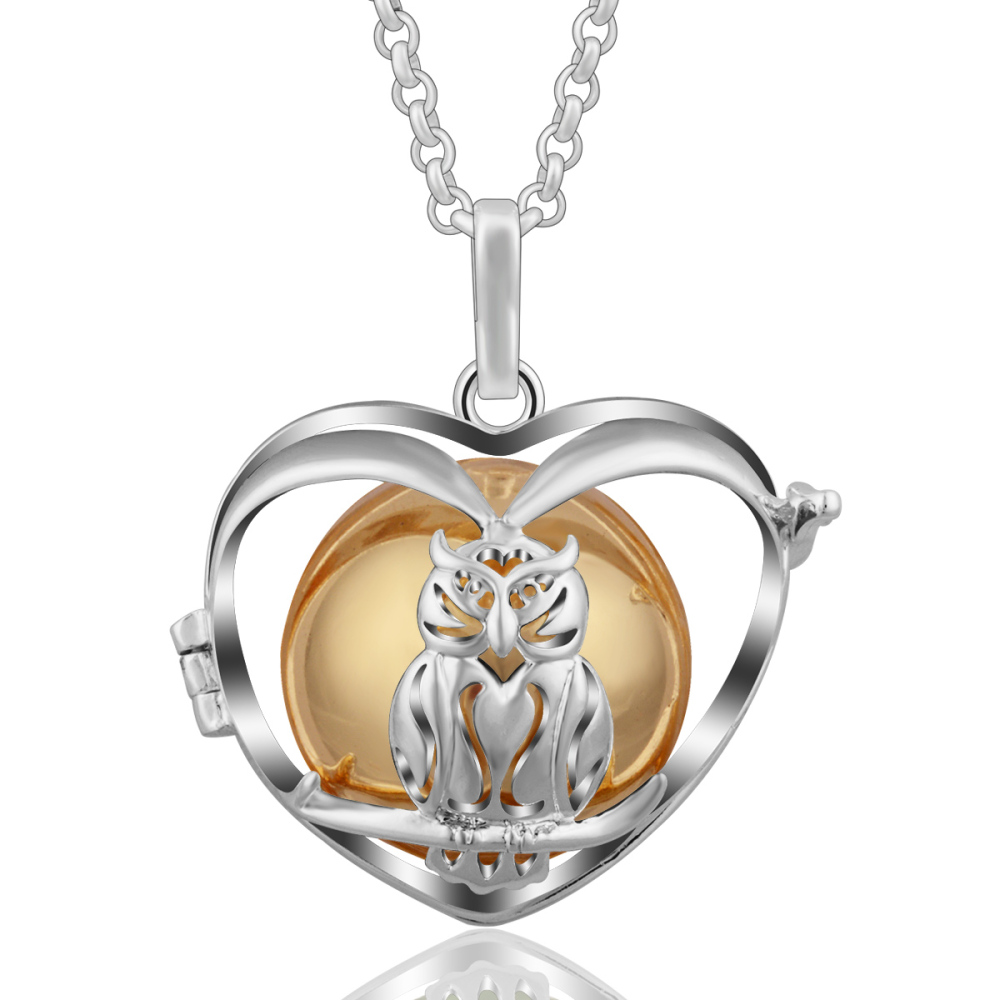 Heart Owl Silver-Plated Cage Necklace with Chime Ball