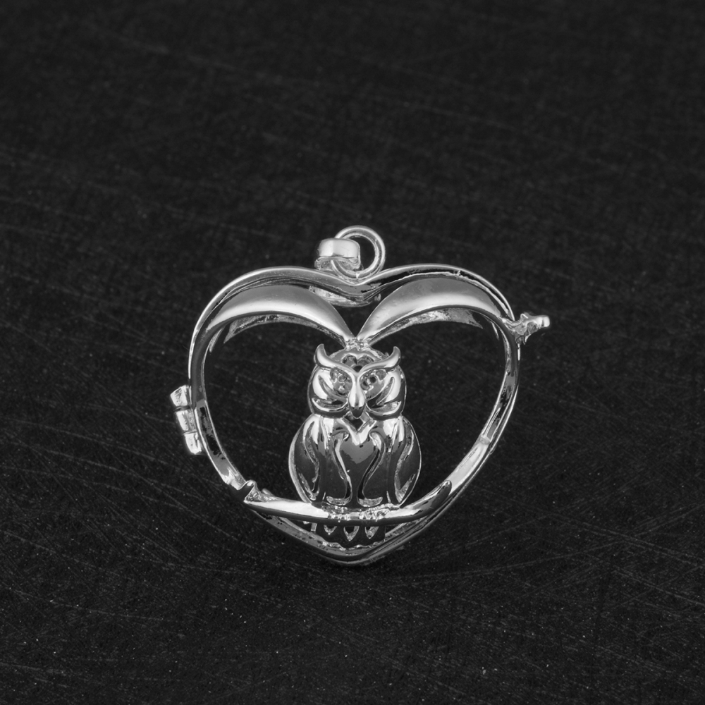 Heart Owl Silver-Plated Cage Necklace with Chime Ball