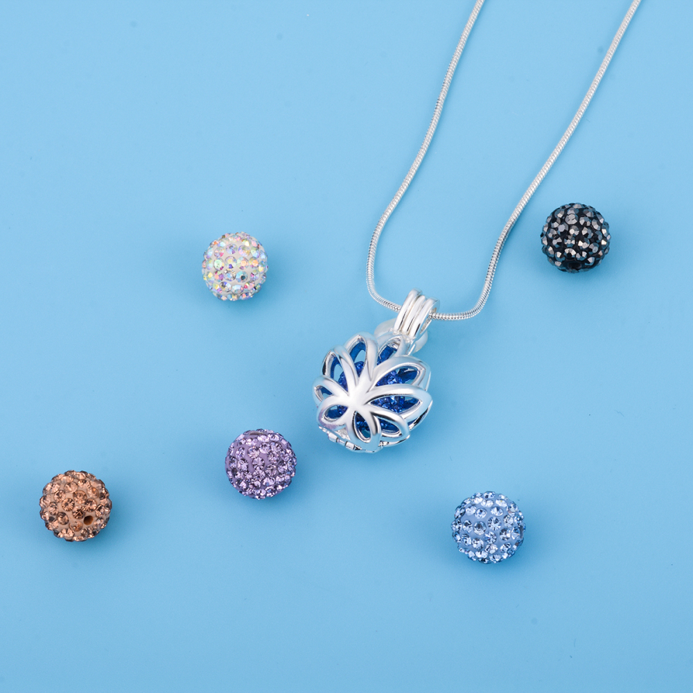 Silver-Plated Diamond Balls Lotus Flower Cage Pendant