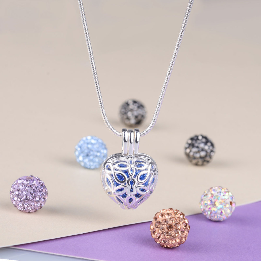 Diamond Balls Heart & Lock Cage Necklace