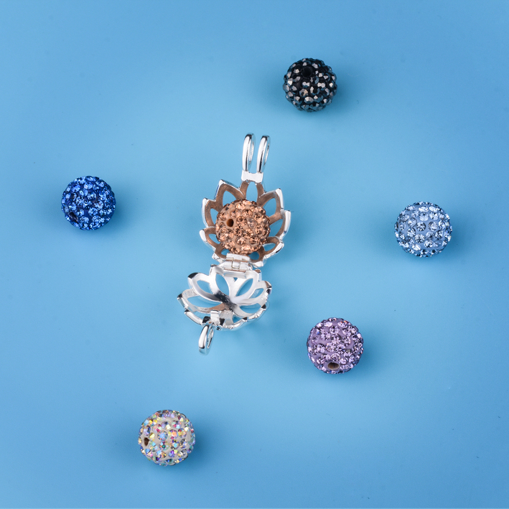 Silver-Plated Diamond Balls Lotus Flower Cage Pendant