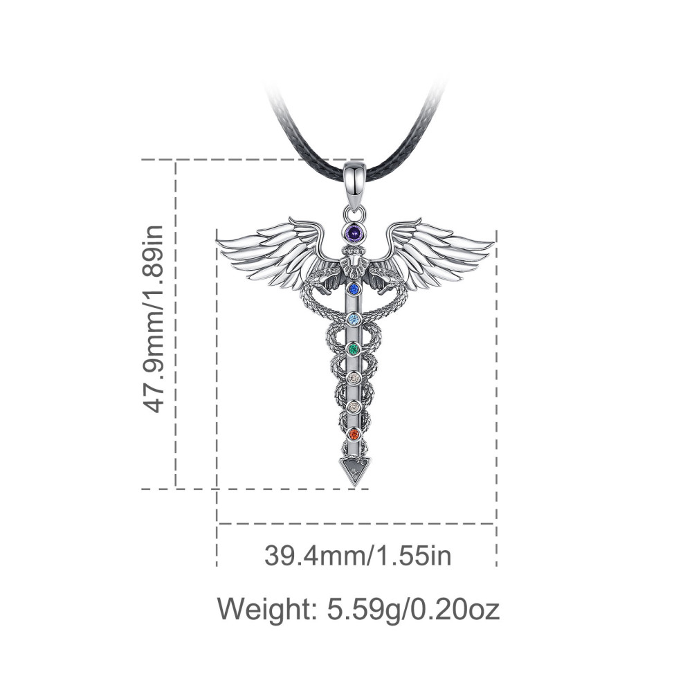 925 Sterling Silver Healing Chakra Jewelry Caduceus Pendant Necklace