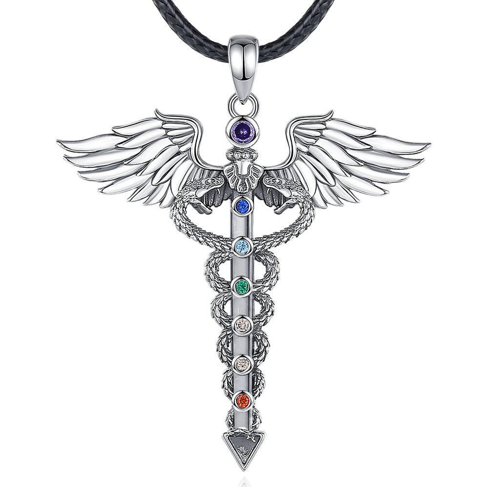 925 Sterling Silver Healing Chakra Jewelry Caduceus Pendant Necklace