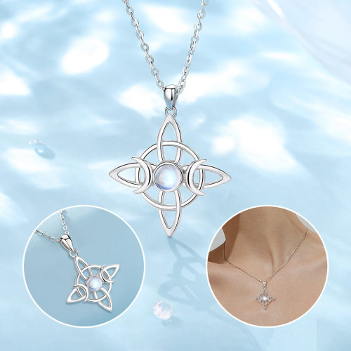 925 Sterling Silver Moonstone Triple Moon Wiccan Symbol Pendant