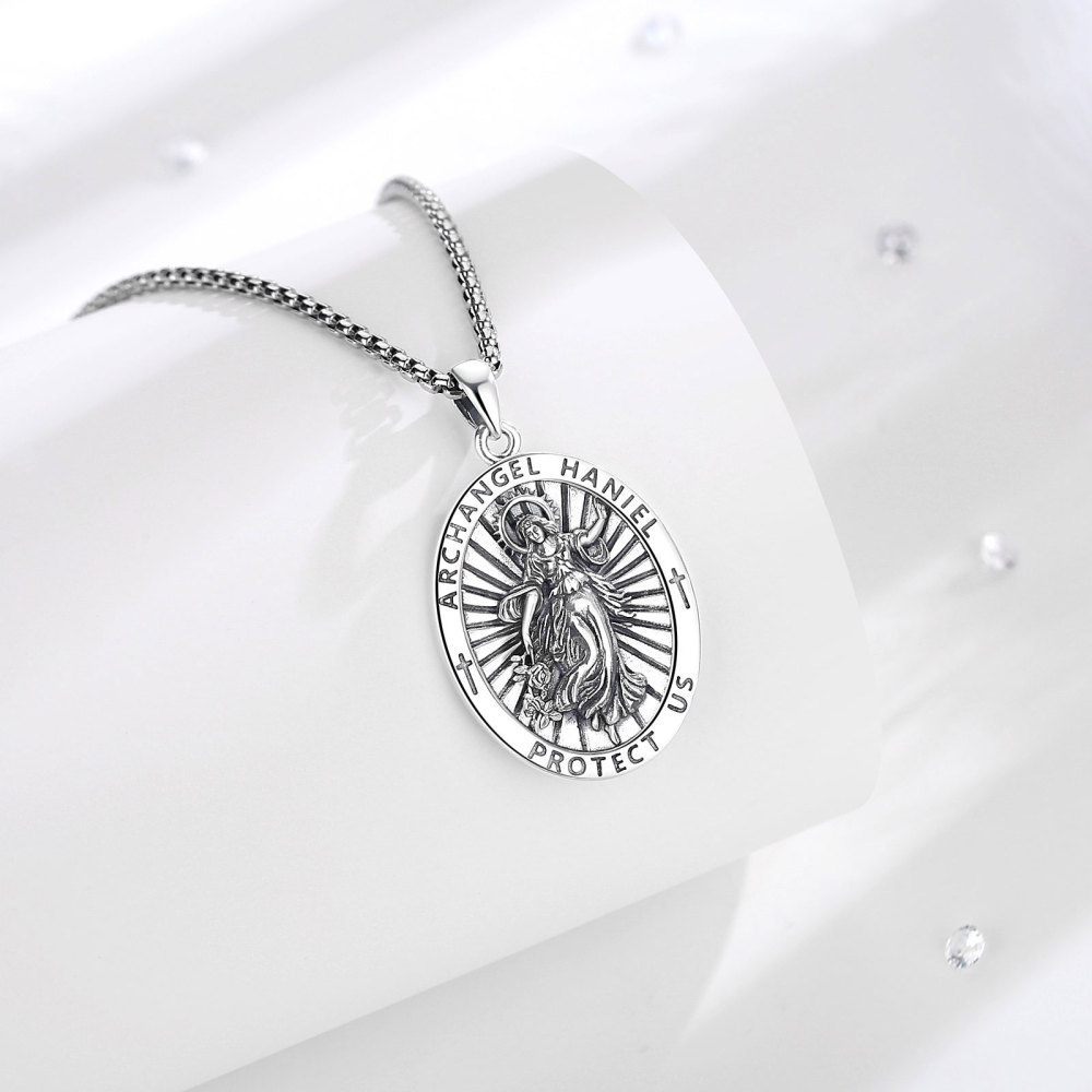 Oxidized Silver Archangel Haniel Medal Pendant