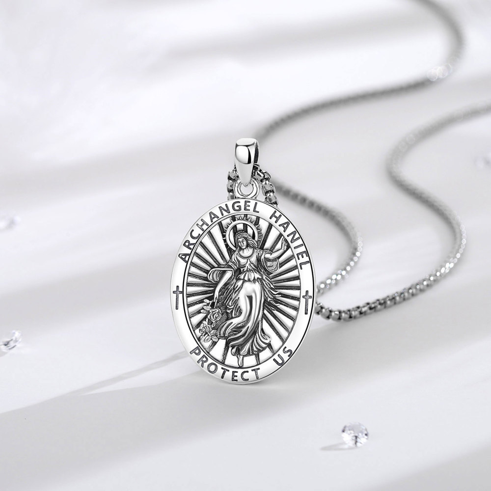 Oxidized Silver Archangel Haniel Medal Pendant