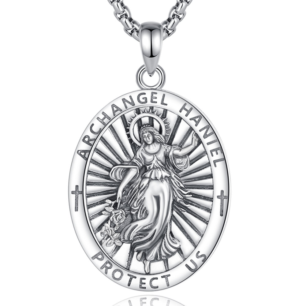 Oxidized Silver Archangel Haniel Medal Pendant