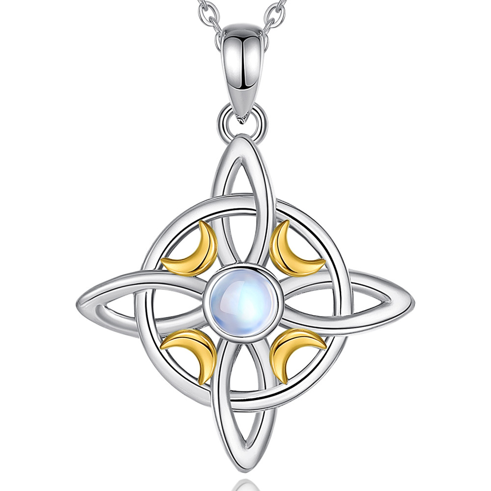 925 Sterling Silver Pendant Necklace with Moon Phases and Celtic Knot
