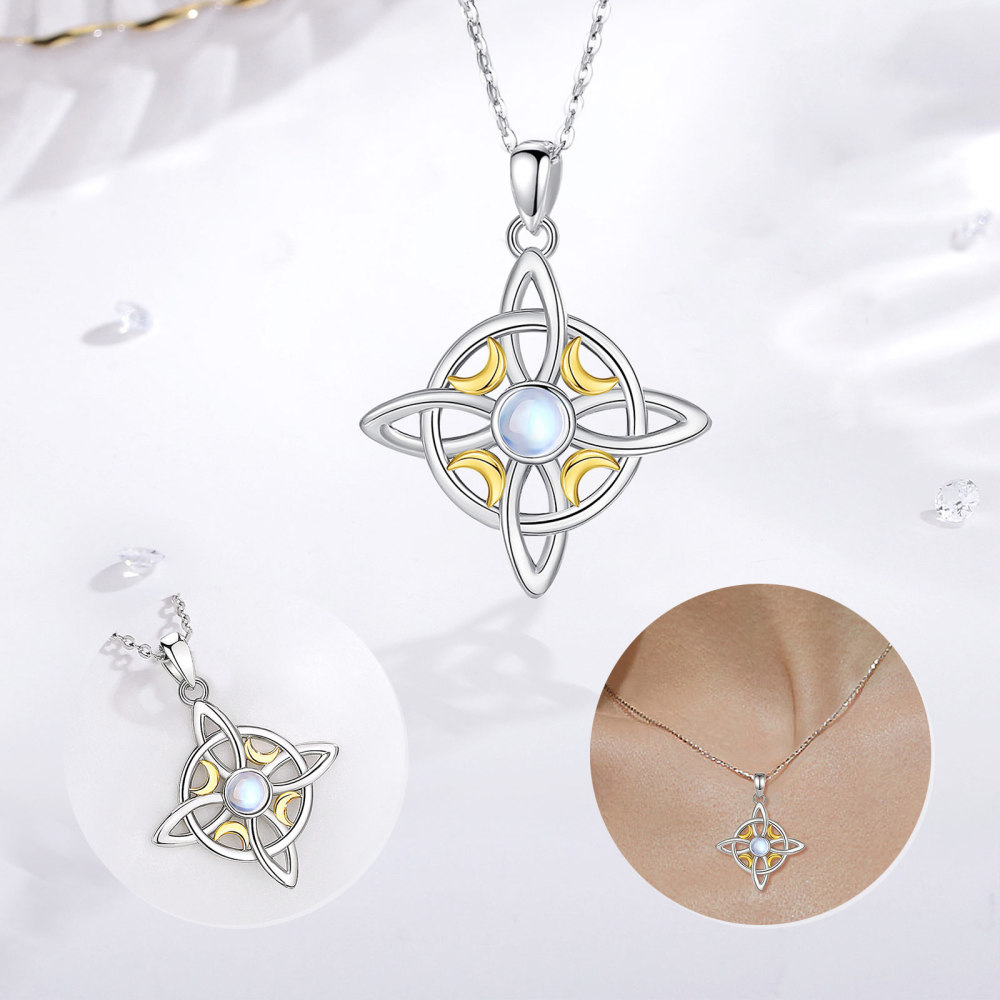 925 Sterling Silver Pendant Necklace with Moon Phases and Celtic Knot