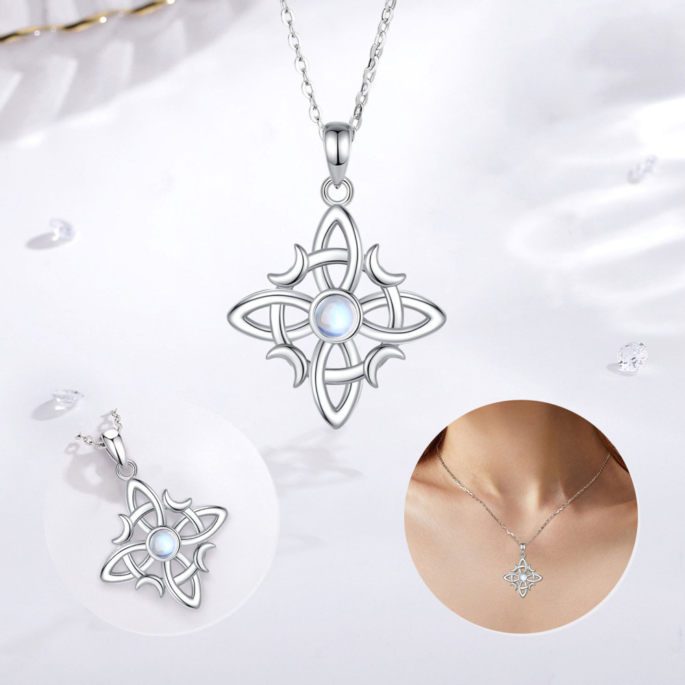 925 Sterling Silver Triple Moon Wicca Knot Pendant with Moonstone