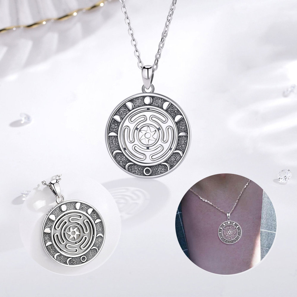 Vintage Oxidized 925 Sterling Silver Hecate Wheel Round Pendant
