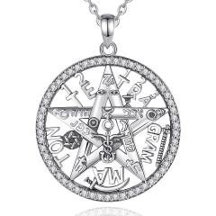 925 Sterling Silver Pentagram Pendant Necklace with Zircon Accents