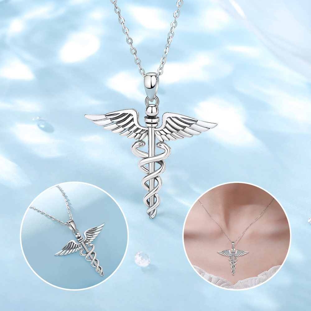 Elegant 925 Sterling Silver Caduceus Pendant Necklace – Symbol of Healing & Care