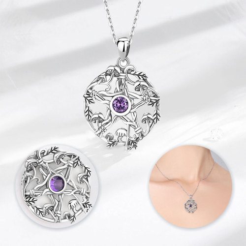925 Sterling Silver Pentagram Wicca Pendant with Purple Zircon