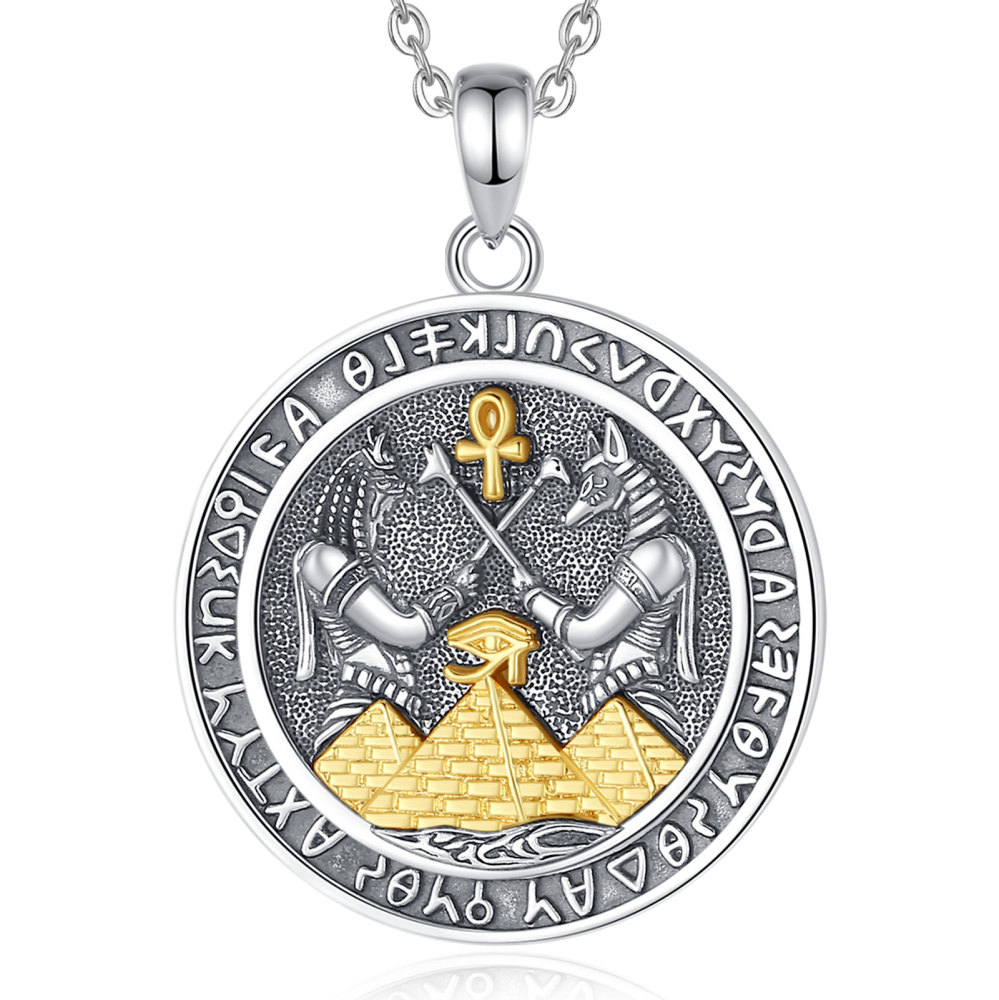 925 Sterling Silver Egyptian Anubis Pendant Necklace with Golden Pyramid Accent