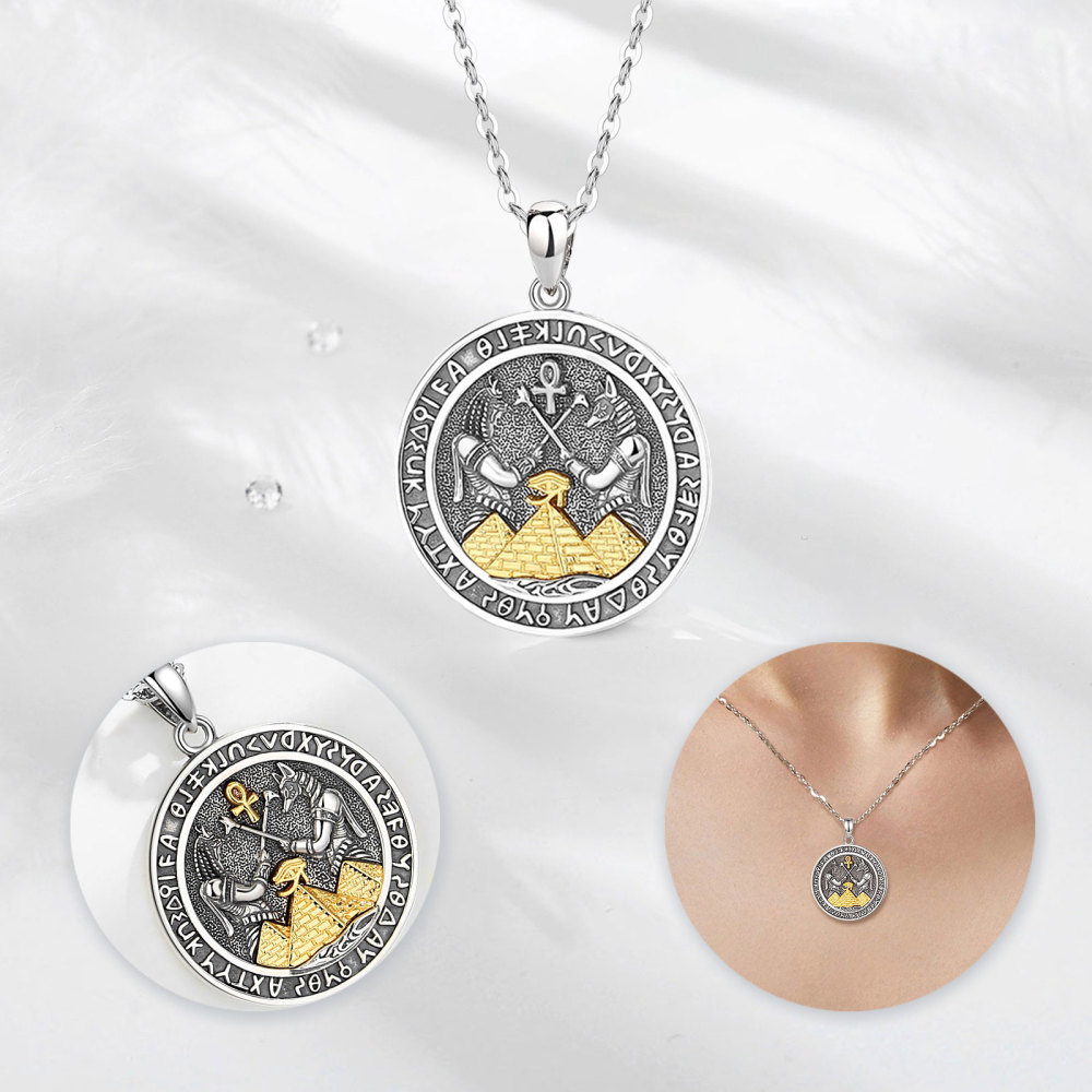 925 Sterling Silver Egyptian Anubis Pendant Necklace with Golden Pyramid Accent