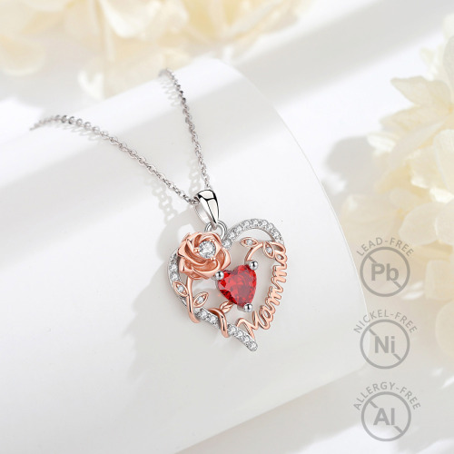 Red Zircon 925 Sterling Silver & Rose Gold Mamma Heart Pendant