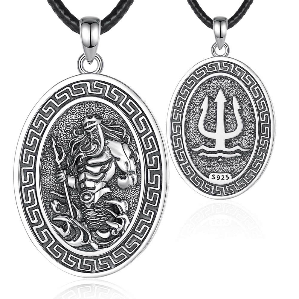 925 Sterling Silver Poseidon Pendant Necklace – Nautical Trident Design for Men