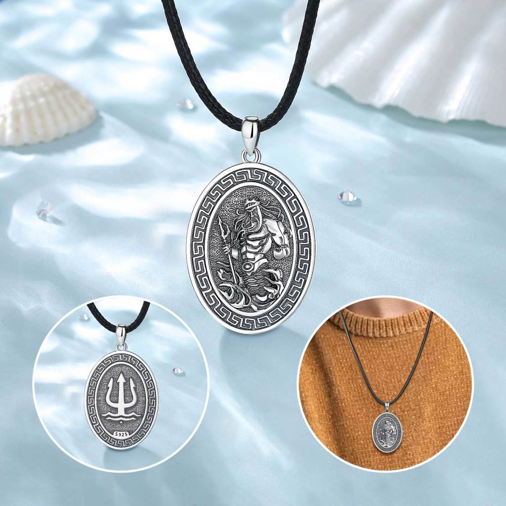 925 Sterling Silver Poseidon Pendant Necklace – Nautical Trident Design for Men
