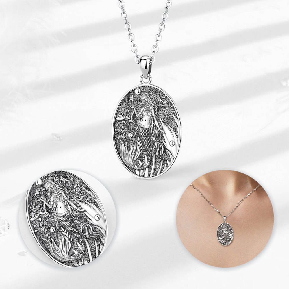 Vintage Style 925 Sterling Silver Mermaid Pendant Necklace