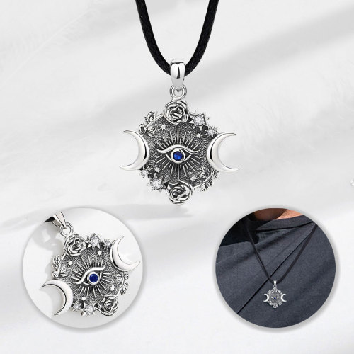 Mystical Jewelry 925 Sterling Silver Crescent Moon & Evil Eye Pendant