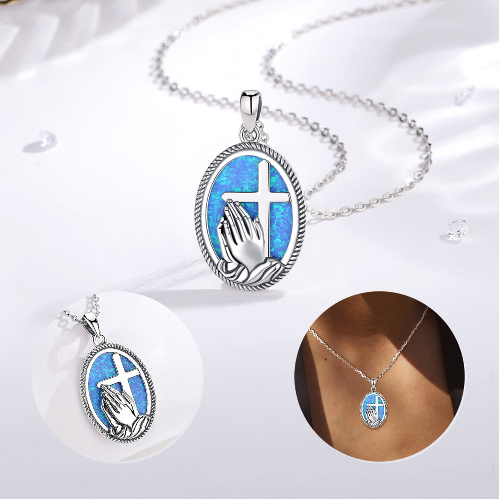 925 Sterling Silver Praying Hands and Cross Pendant with Blue Opal Inlay