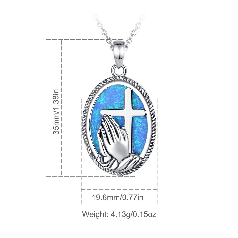 925 Sterling Silver Praying Hands and Cross Pendant with Blue Opal Inlay