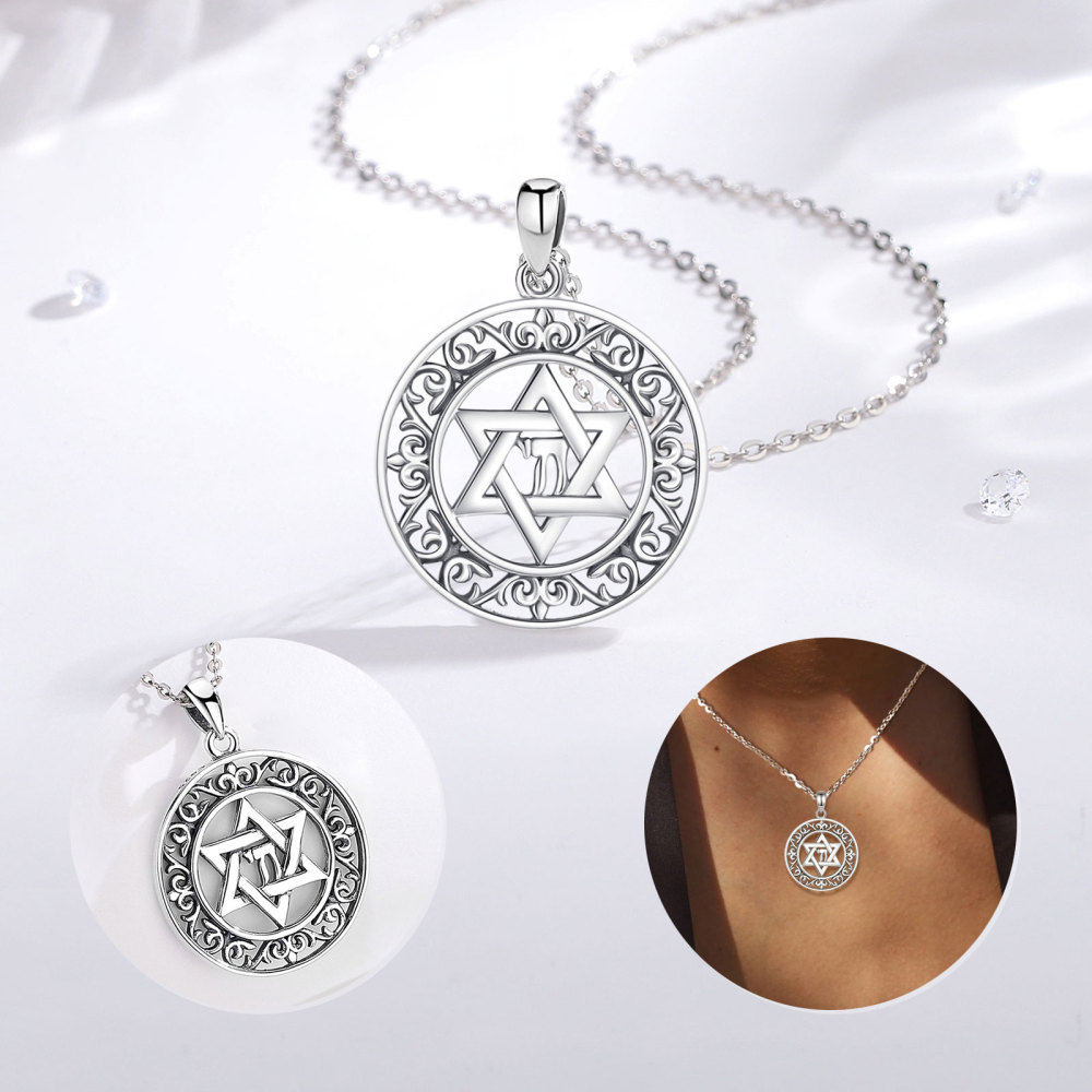 925 Sterling Silver Star of David Pendant with Intricate Floral Frame