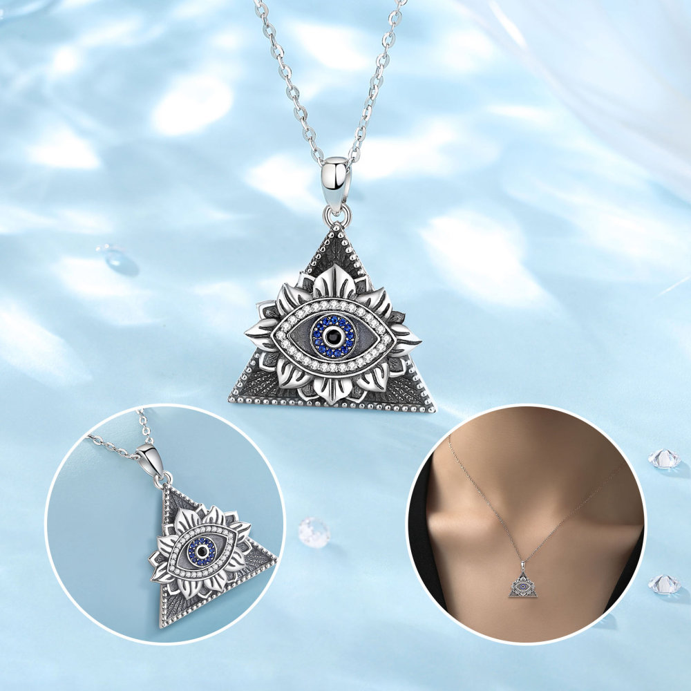 925 Sterling Silver Evil Eye Pendant Necklace with Lotus and Pyramid Design