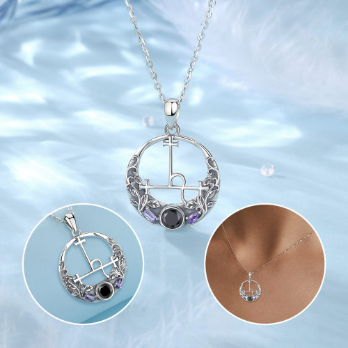 925 Sterling Silver Lilith Sigil Pendant Necklace with Black and Purple Cubic Zirconia