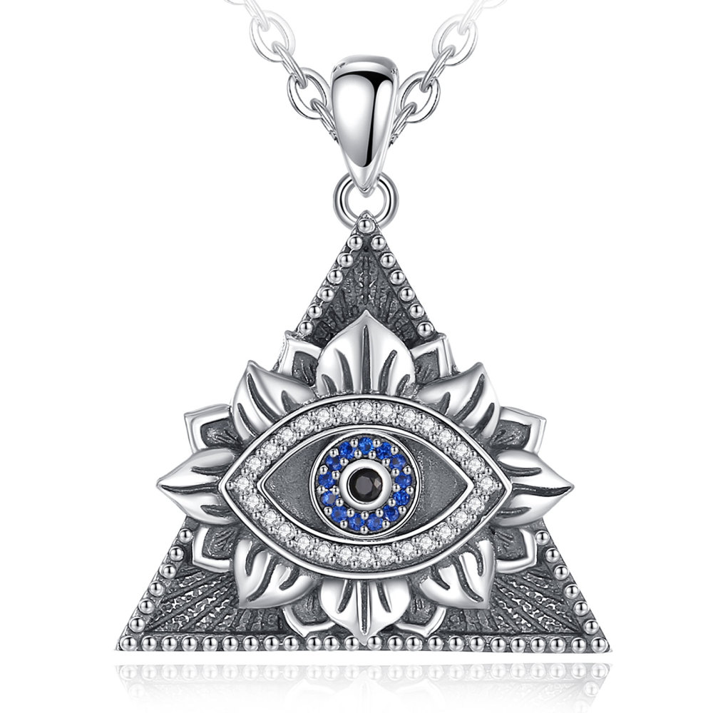 925 Sterling Silver Evil Eye Pendant Necklace with Lotus and Pyramid Design
