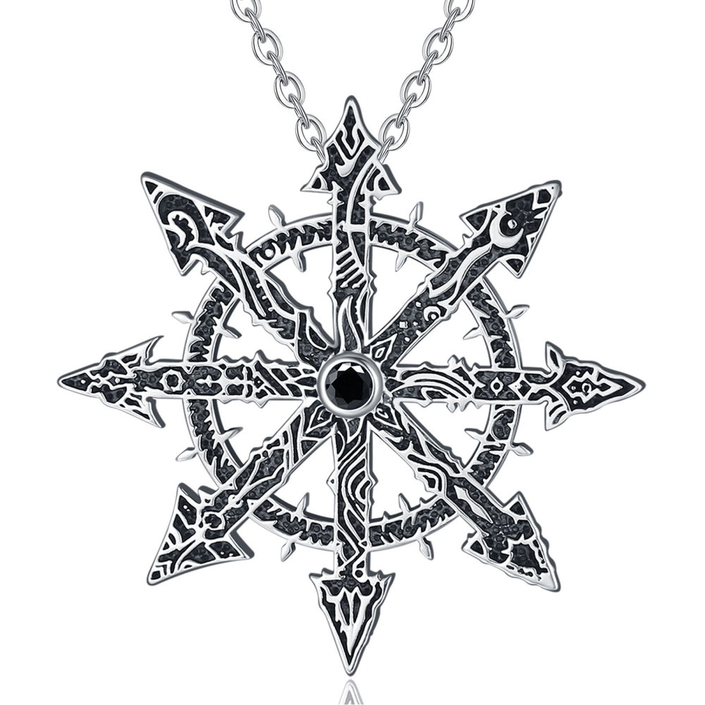 925 Sterling Silver Chaos Star Pendant with Black CZ Stone