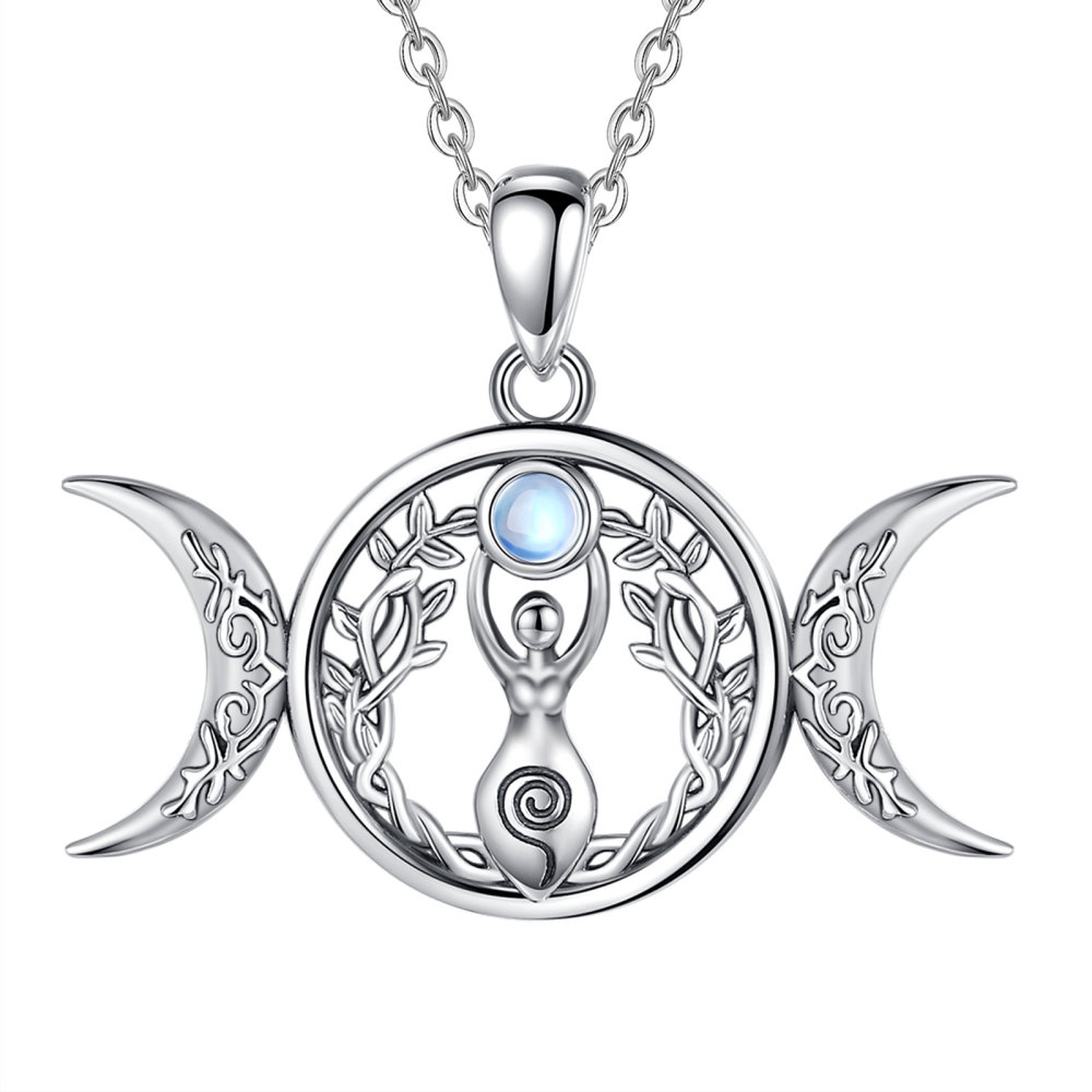 925 Sterling Silver Triple Moon Goddess Pendant Necklace with Moonstone