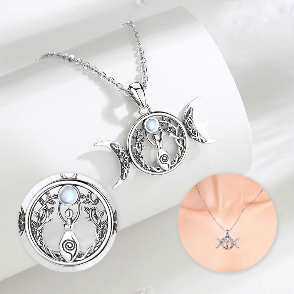 925 Sterling Silver Triple Moon Goddess Pendant Necklace with Moonstone