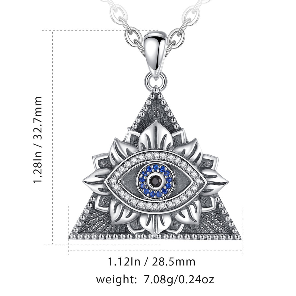 925 Sterling Silver Evil Eye Pendant Necklace with Lotus and Pyramid Design