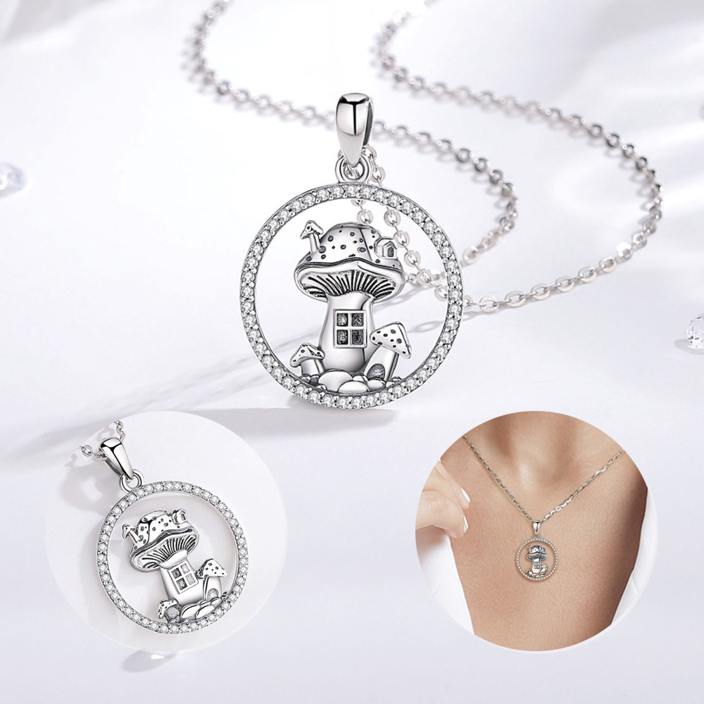 925 Sterling Silver Mushroom Cottage Pendant Necklace