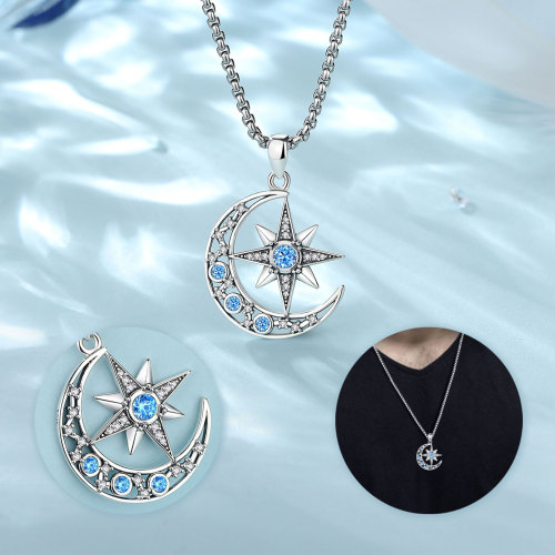 925 Sterling Silver Moon and Star Pendant with Blue Zircon for Wholesale