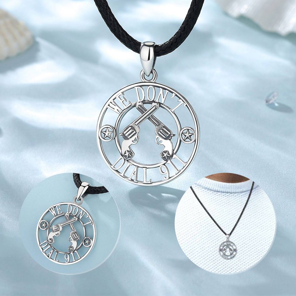 925 Sterling Silver "We Don't Dial 911" Revolver Pendant Necklace