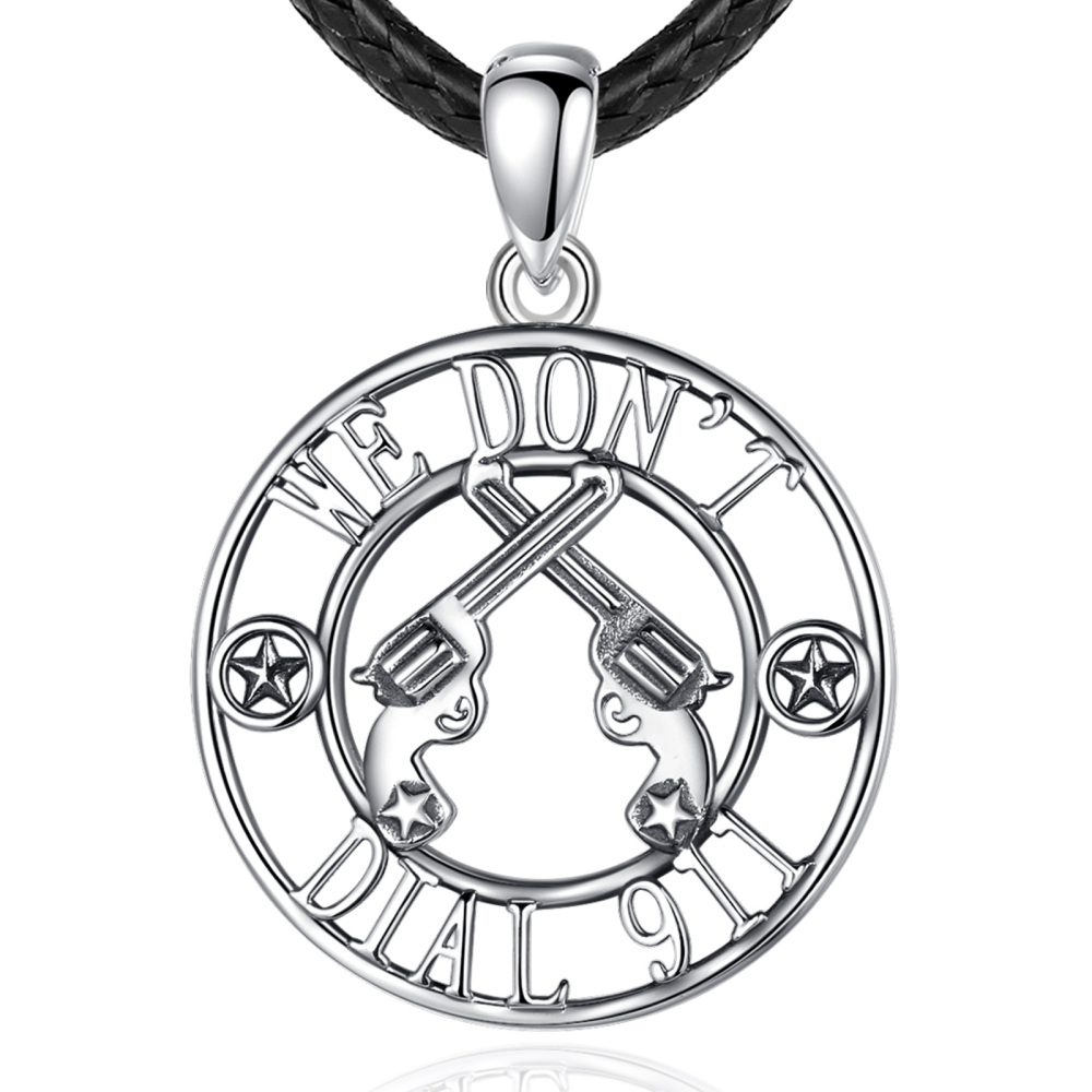 925 Sterling Silver "We Don't Dial 911" Revolver Pendant Necklace