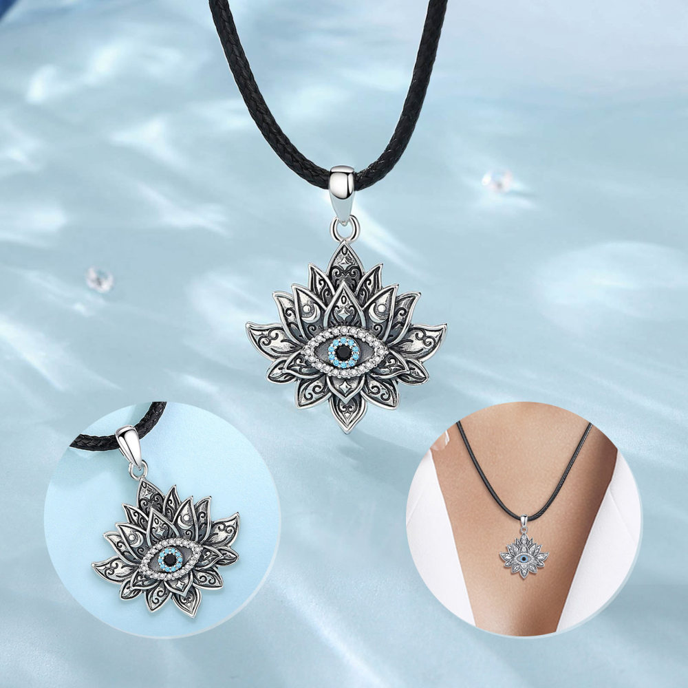 925 Sterling Silver Lotus Evil Eye Pendant for Protection and Elegance