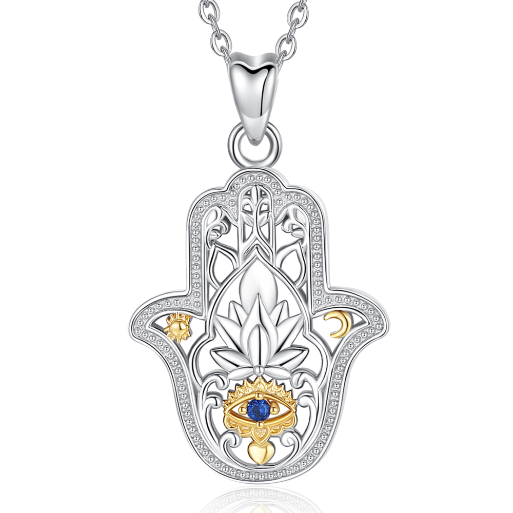 Rhodium-Plated Lotus Evil Blue Eye Hand Pendant