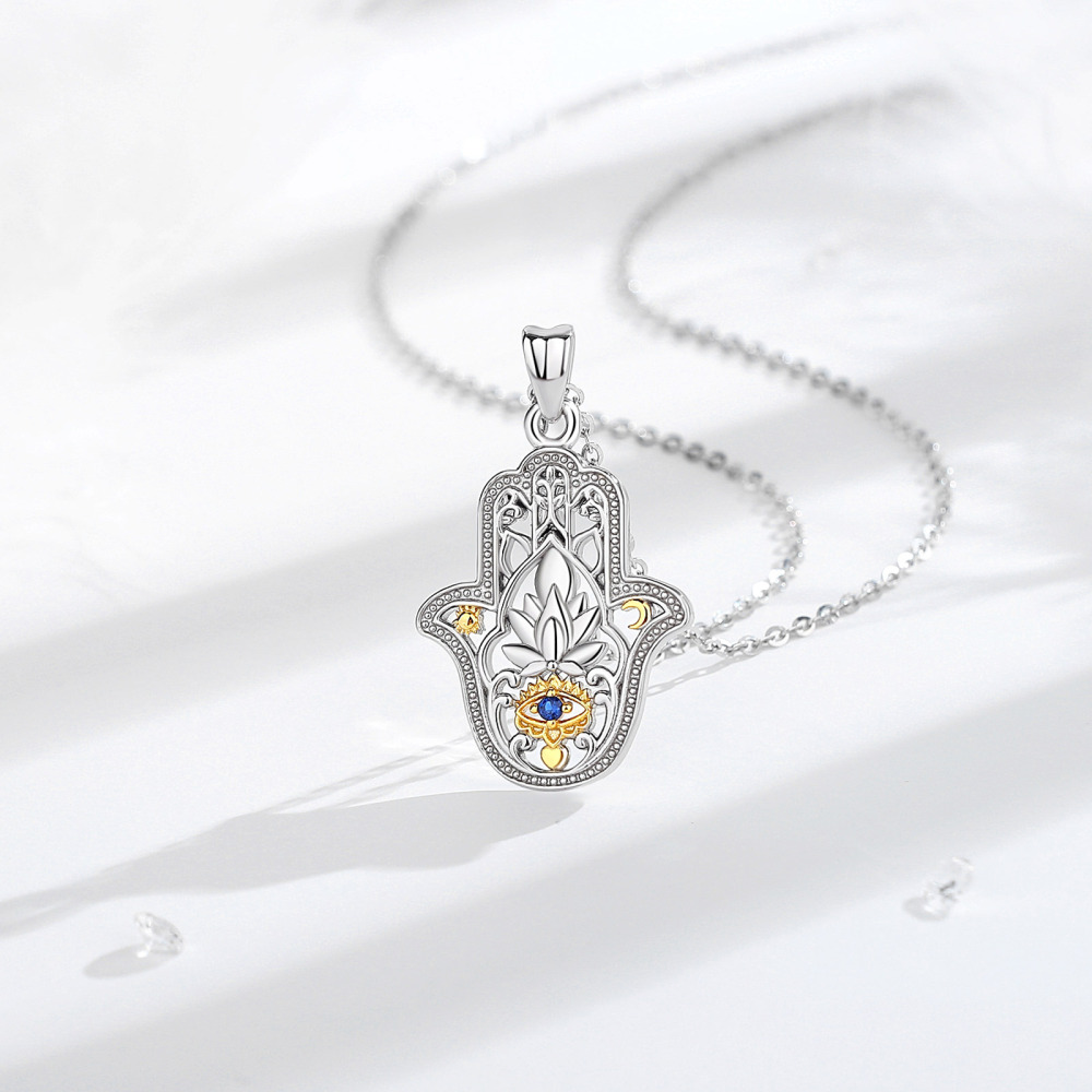 Rhodium-Plated Lotus Evil Blue Eye Hand Pendant