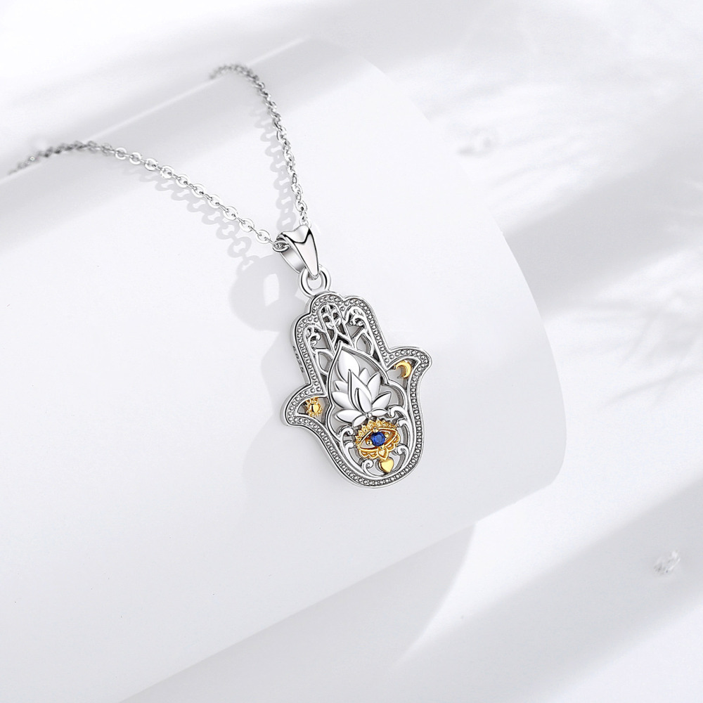 Rhodium-Plated Lotus Evil Blue Eye Hand Pendant