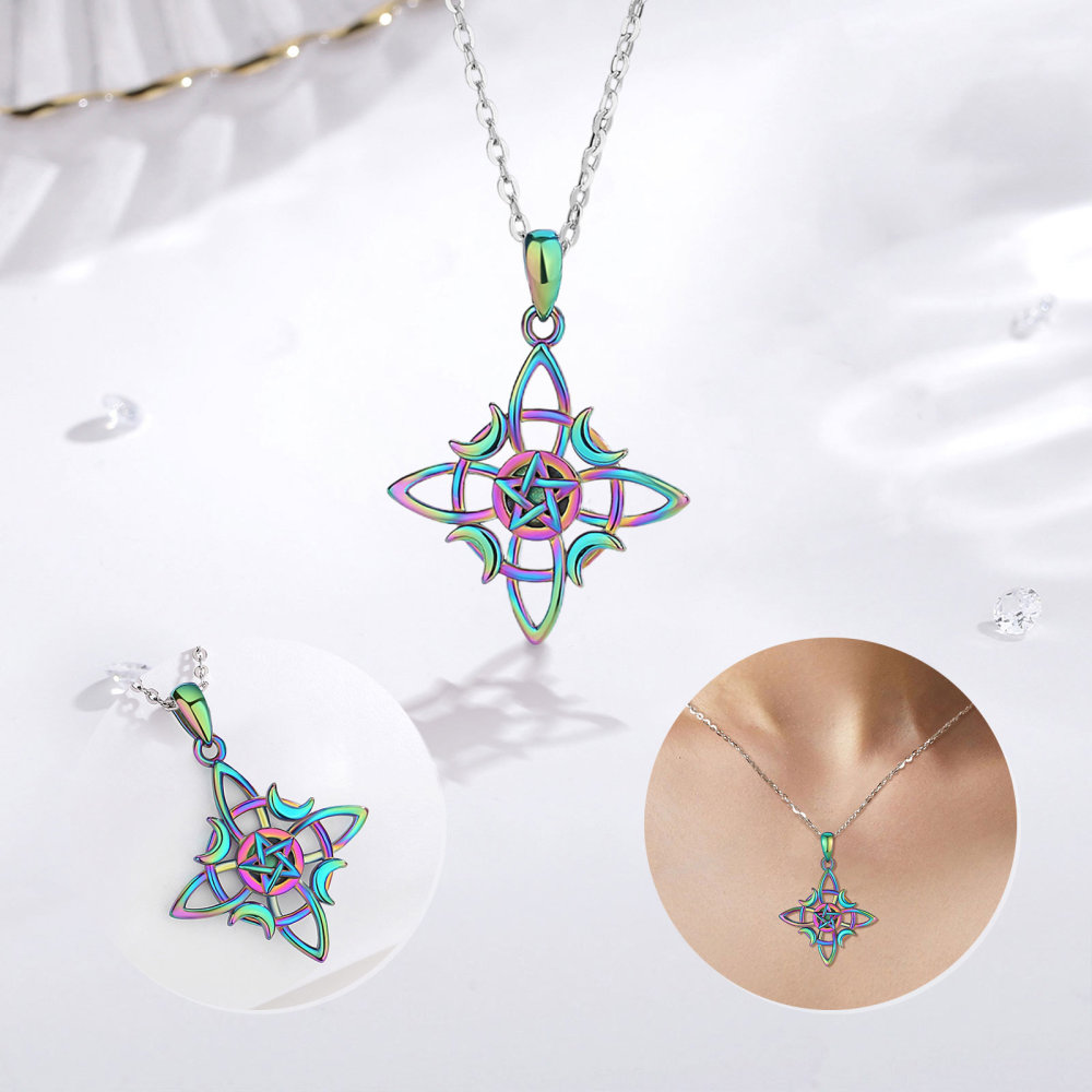 Witchcraft Knot Pentagram Sterling Silver Pendant Lunar Phases