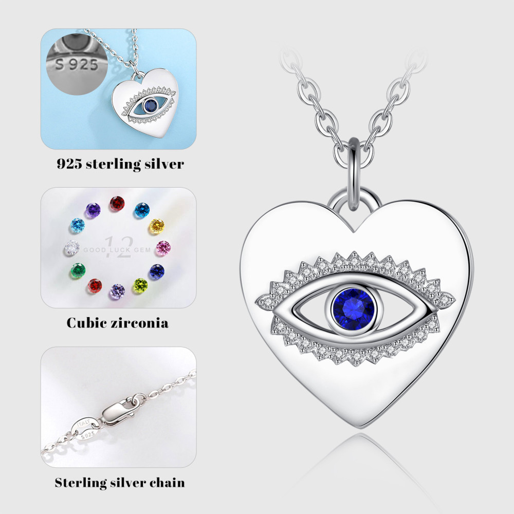 Evil Eye Heart-Shaped 925 Sterling Silver Pendant Necklace