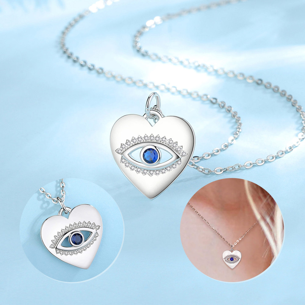 Evil Eye Heart-Shaped 925 Sterling Silver Pendant Necklace