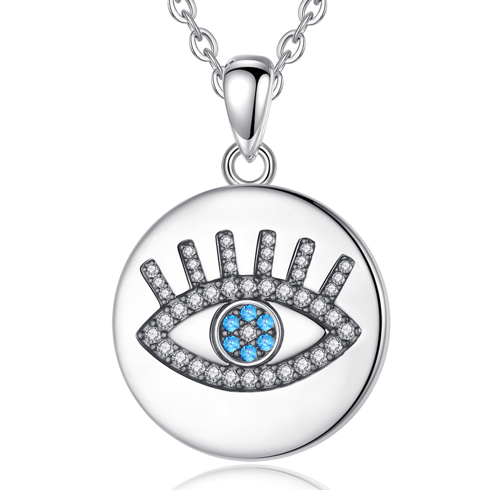 Round Sterling Silver Pendant with Evil Eye and Sky Blue Zircon